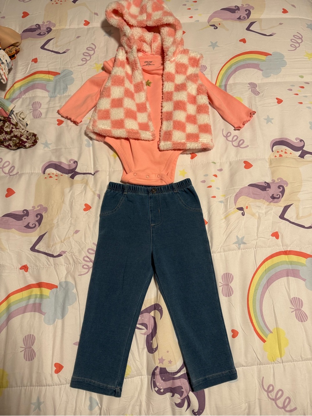 Little Me Coral Pink Bodysuit with Checkered Hooded Vest and Denim Pants Size18m
